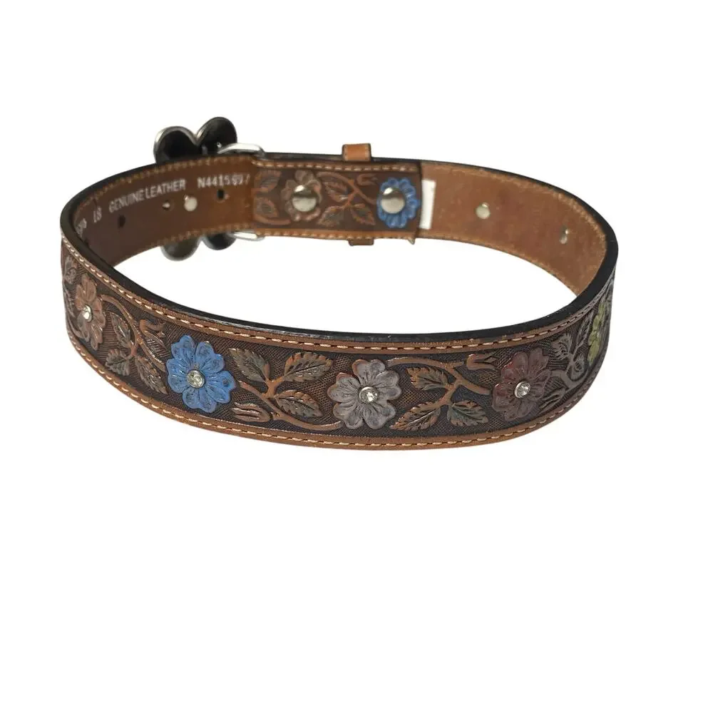 Vintage Nocona Girls Size 18 Leather Floral Painted Belt Silver Floral Buckle